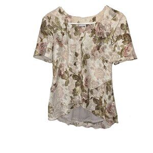 R&M Richards Floral Blouse Size 8 Classic Layered Lined Short Sleeve Wrap Look